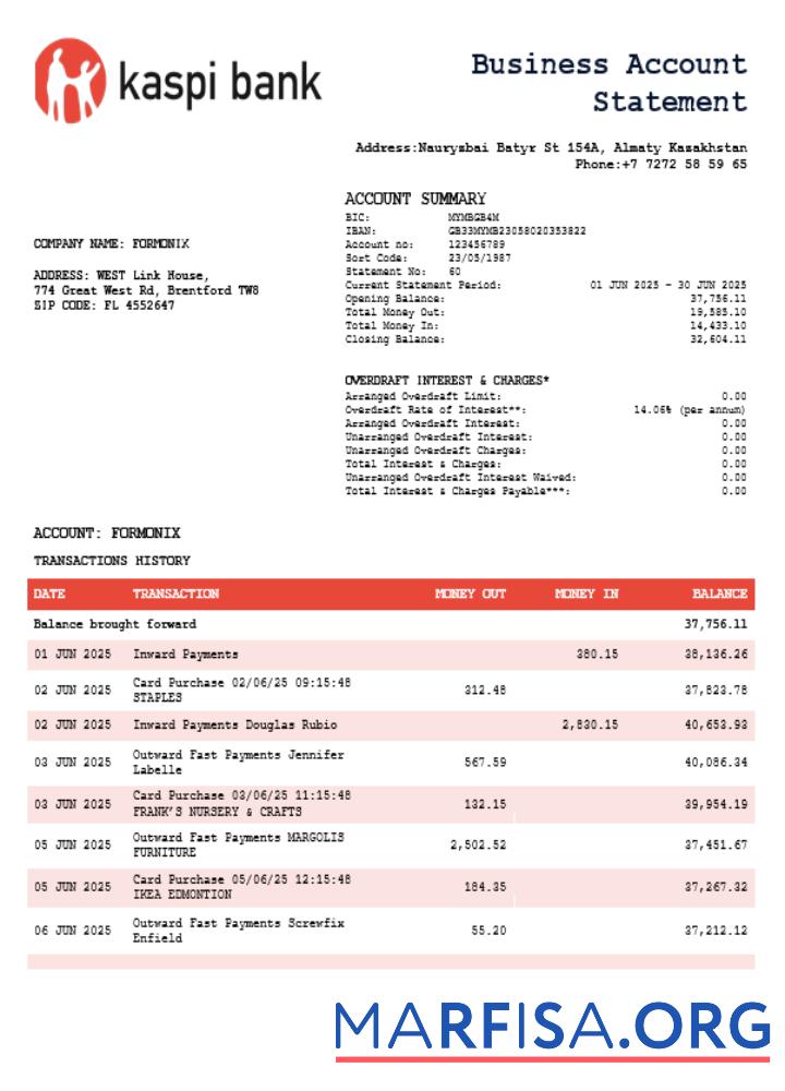 Printable Kaspi Bank organization checking account statement Word and PDF template